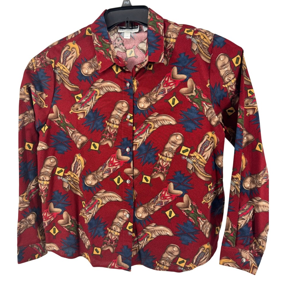 Panhandle Slim Western Shirt Womens L Red‎ Cowboy Boot Print Metal Star Button